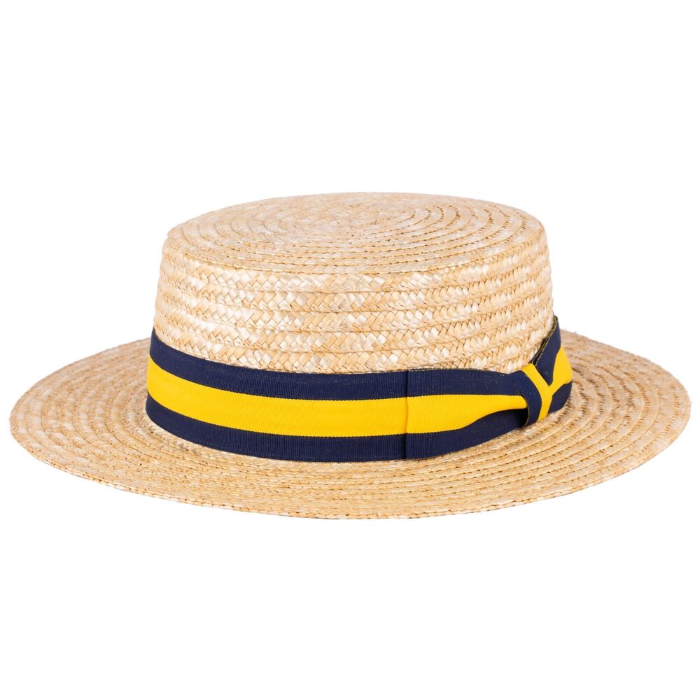 5469 Classic Straw Boater Hat Handmade from Natural Straw Navy-Yellow Band